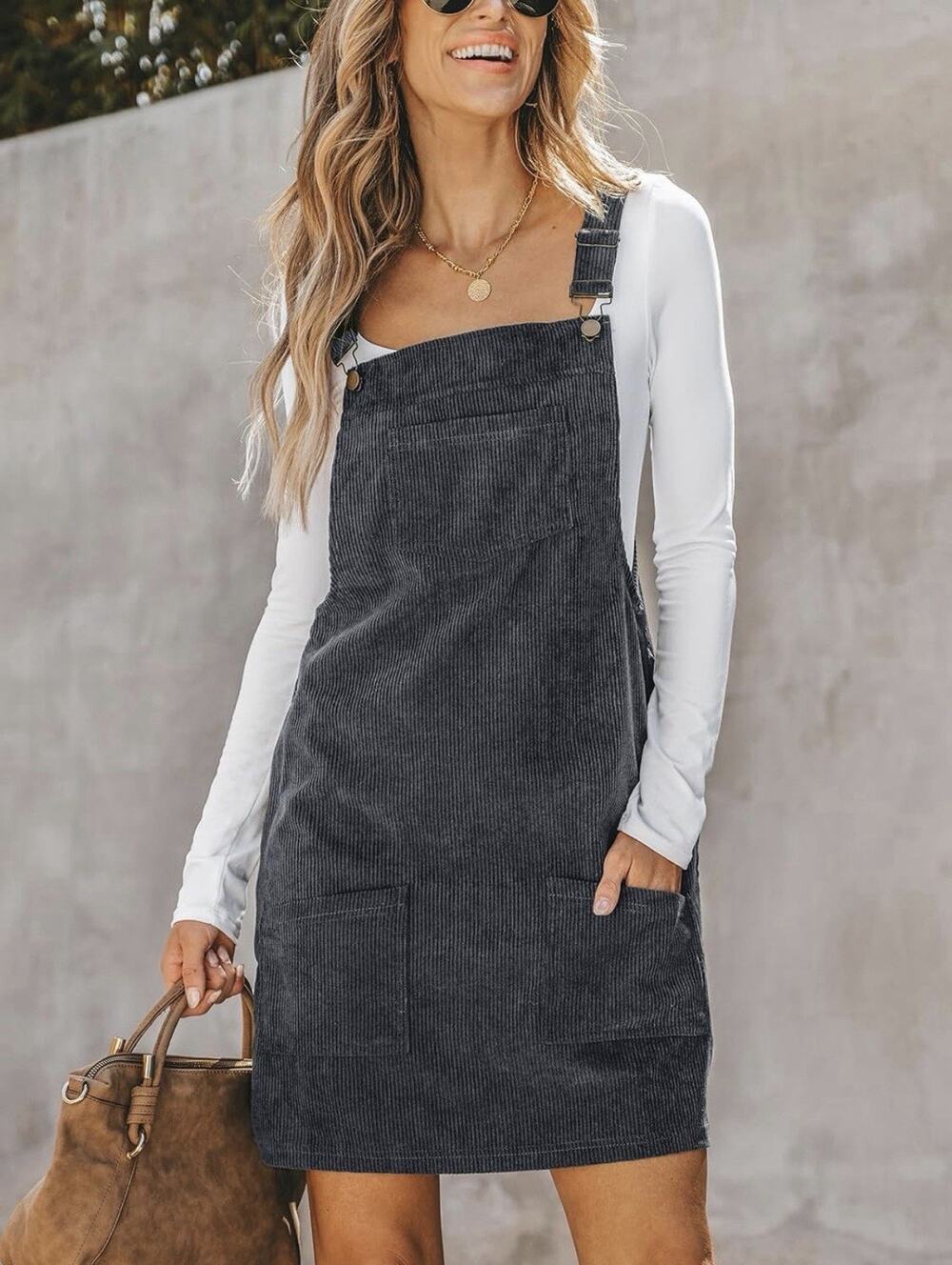 Cupshe Women's Gray Corduroy Overall Dress Pockets Square Neck -M